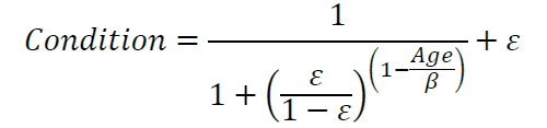 Condition=1/(1+(ε/(1-ε))^((1-Age/β)))+ε