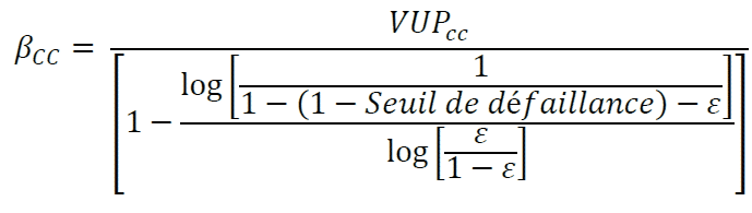 β_CC=  〖VUP〗_cc/[1-log⁡[1/(1-(1-Seuil de défaillance)-ε)]/log⁡[ε/(1-ε)] ] 