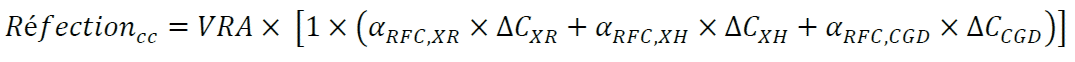 〖Réfection〗_cc=VRA× [1×(α_(RFC,XR)×〖∆C〗_XR+α_(RFC,XH)×〖∆C〗_XH+α_(RFC,CGD)×〖∆C〗_CGD )]
