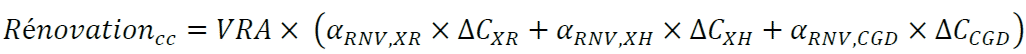 〖Rénovation〗_cc=VRA× (α_(RNV,XR)×〖∆C〗_XR+α_(RNV,XH)×〖∆C〗_XH+α_(RNV,CGD)×〖∆C〗_CGD )