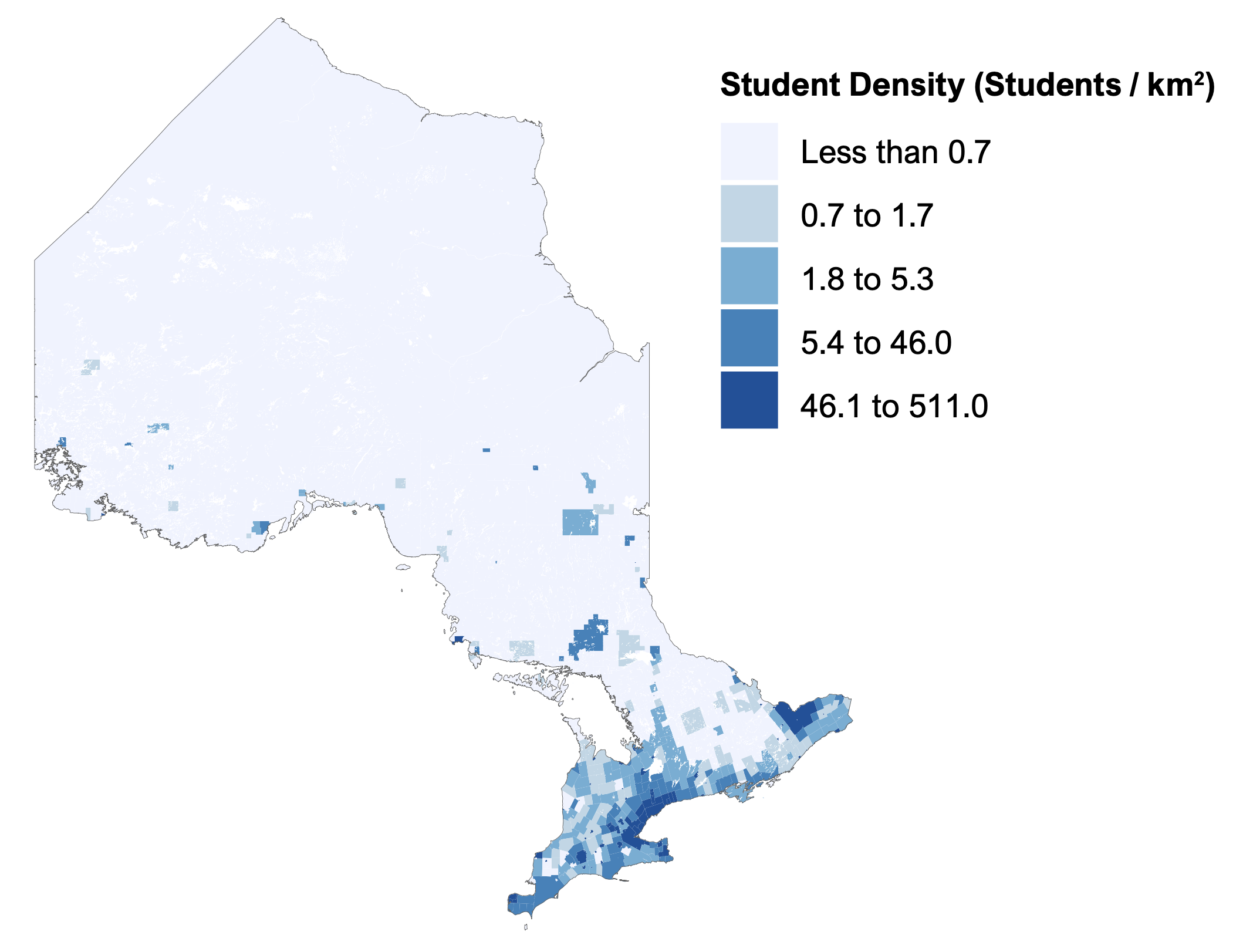 Figure 3.1 shows where students in Ontario are concentrated. The FAO estimates that one million students or 51.3 per cent of all students lived in the Greater Toronto and Hamilton Area (GTHA) in 2021, and an additional 154,000 (7.7 per cent) lived in Ottawa. 