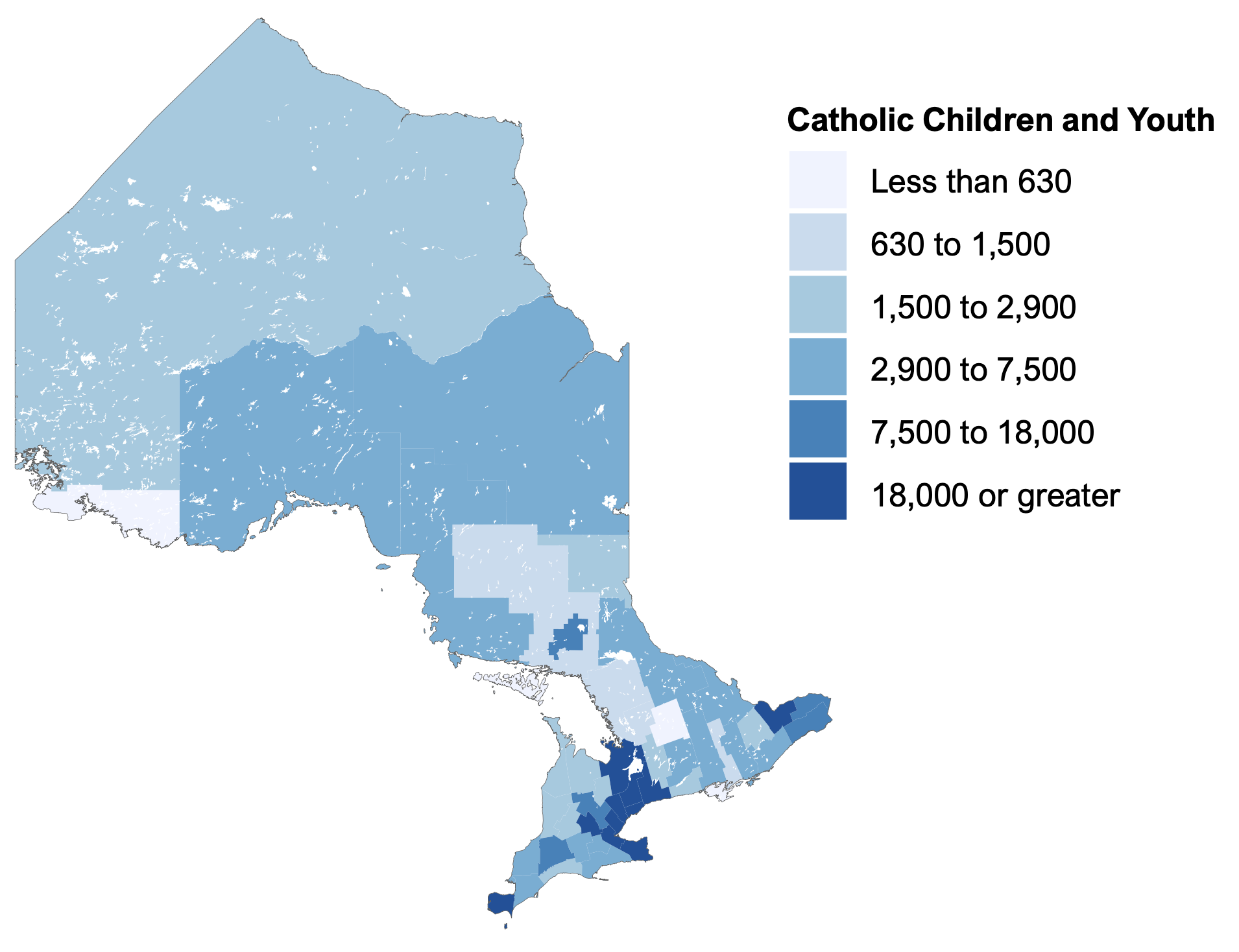 Figure 3.6 shows the number of school-aged children and youth who identify as Catholic or have at least one Catholic parent in each of Ontario’s 49 census divisions. The regions with the highest concentration of school-aged children and youth who identified as Catholic or had at least one Catholic parent were the GTHA, Ottawa, Essex, Waterloo and Simcoe.